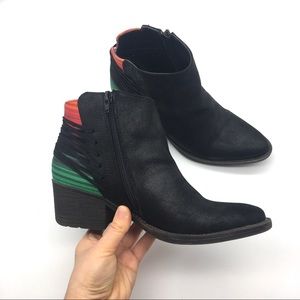 Very Volatile Black Suede Ankle Boots with Red and Green Accent